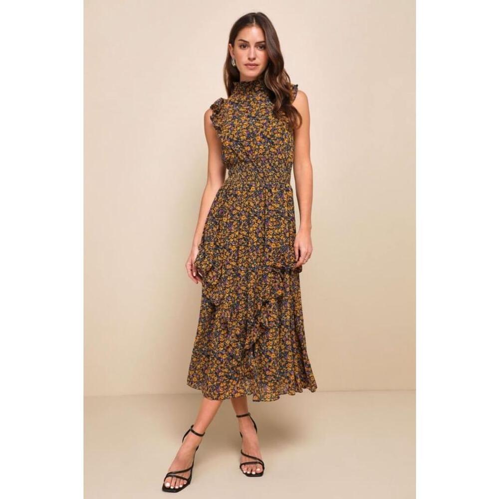 Lulus Evalina Mustard Yellow Floral Print Mock Neck Sleeveless Midi Dress Medium